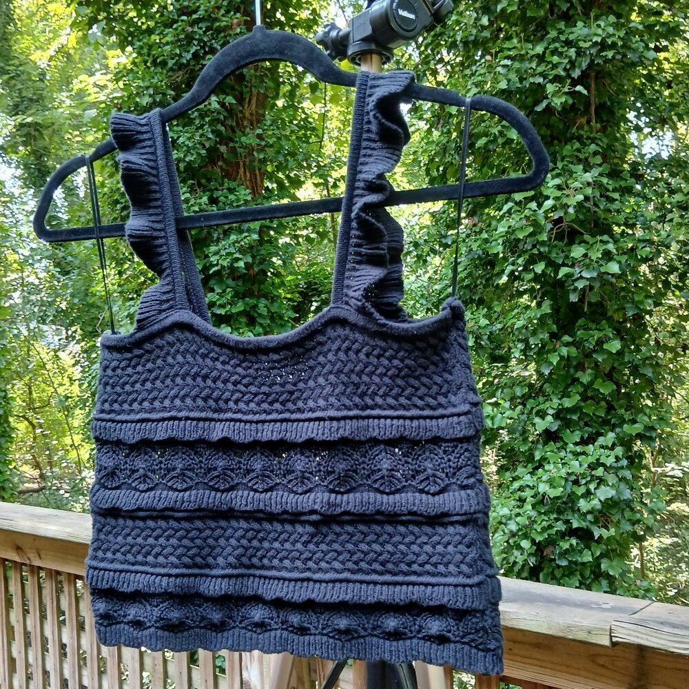 By Together 'Ruffle Tank' Black Crochet Artsy Textured Semi Stretch Knit Sz S - Picture 3 of 9